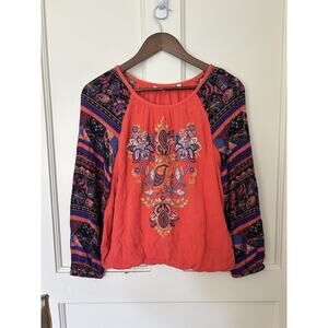 Soft Surroundings Blouse Womens Size Small Orange Embroidered Blame Rio Top